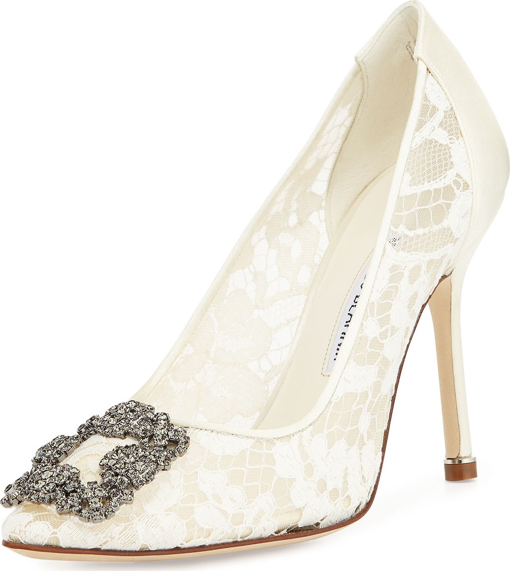 Manolo Blahnik Hangisi Floral Lace Crystal-Toe Pumps