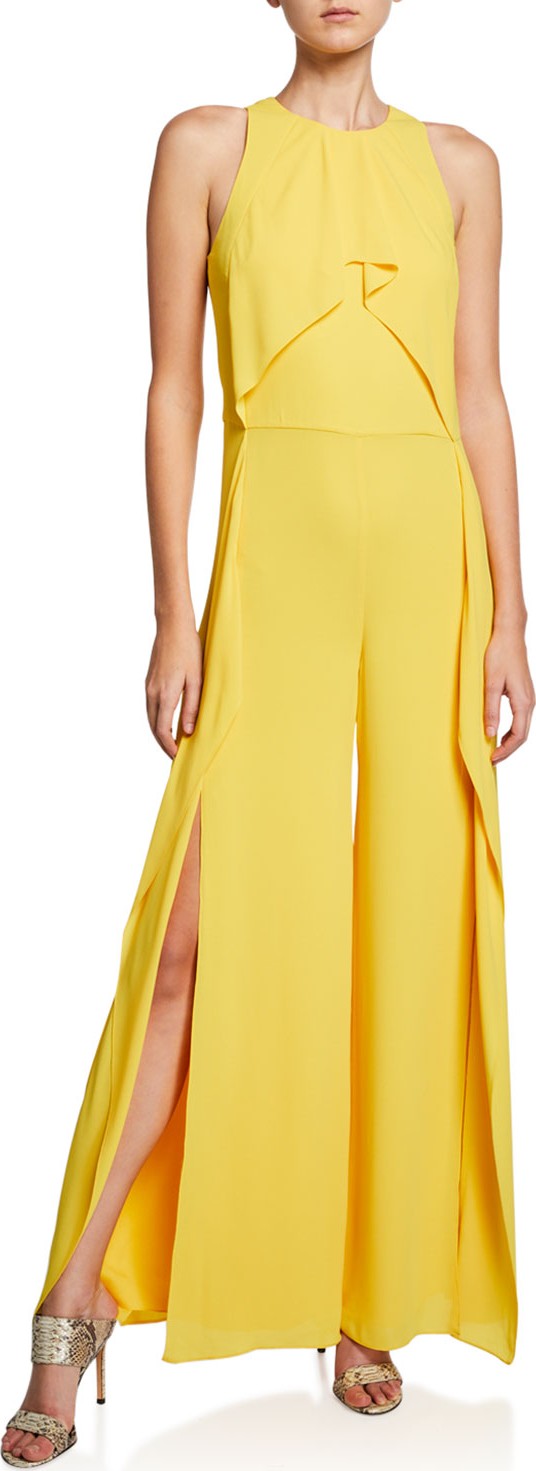 HALSTON HERITAGE Sleeveless High-Neck Flowy Drape Front Wide-Leg Jumpsuit