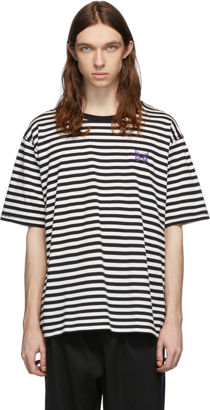 Needles White & Black Striped Logo T-Shirt