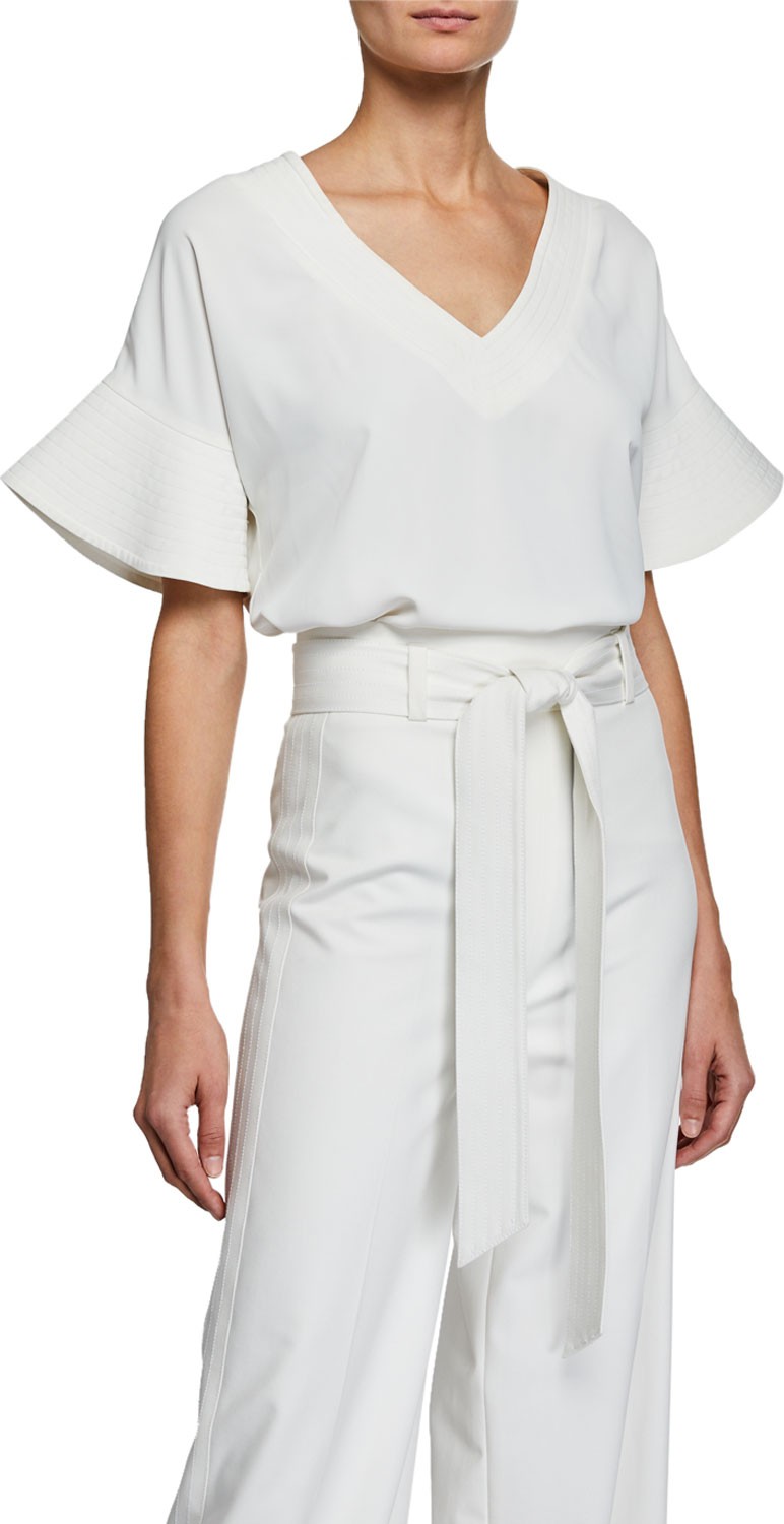 Badgley Mischka V-Neck Flounce-Sleeve Top