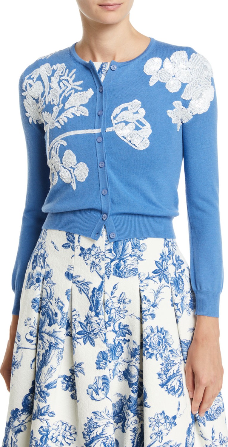 Oscar De La Renta Floral-Embroidered Button-Front Wool Cardigan