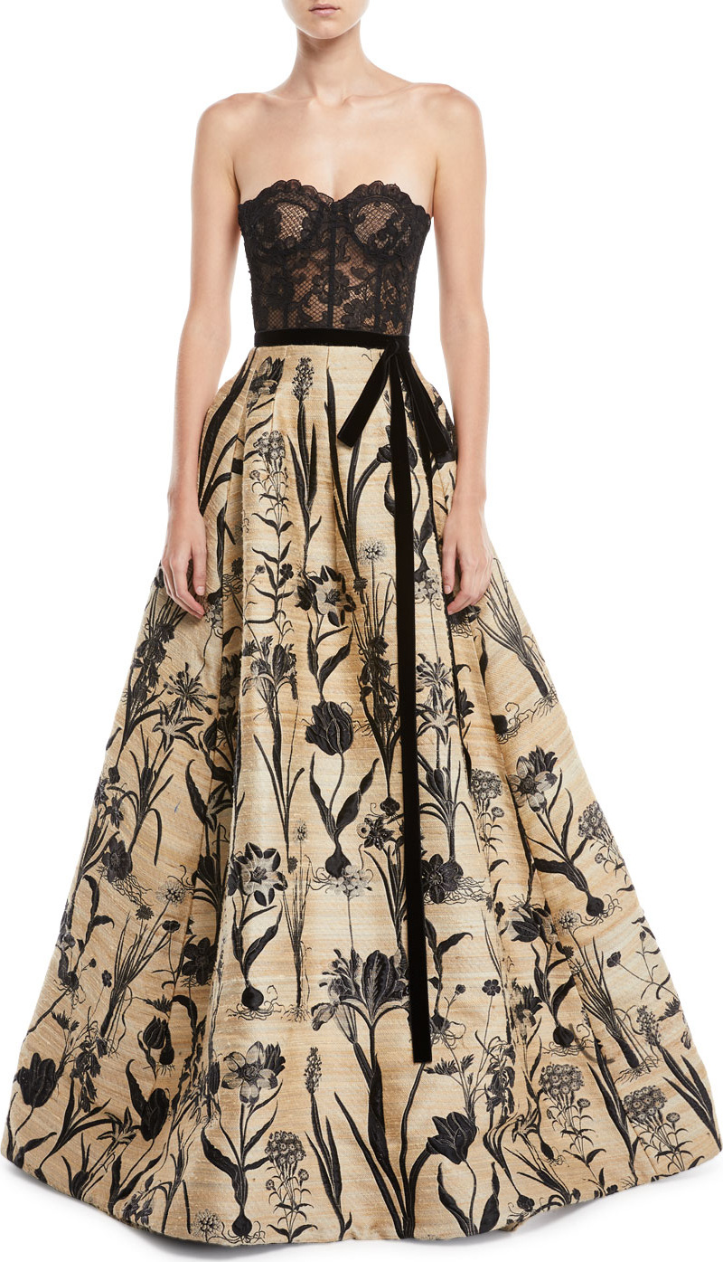 Oscar De La Renta Strapless Lace Bustier Full-Skirt Evening Ball Gown