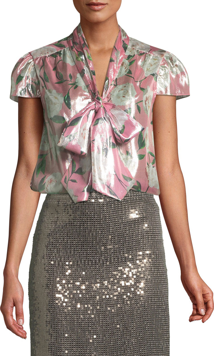 Alice + Olivia Jeannie Cap-Sleeve Floral Blouse