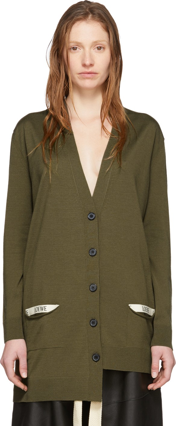 LOEWE Khaki Wool Asymmetric Cardigan