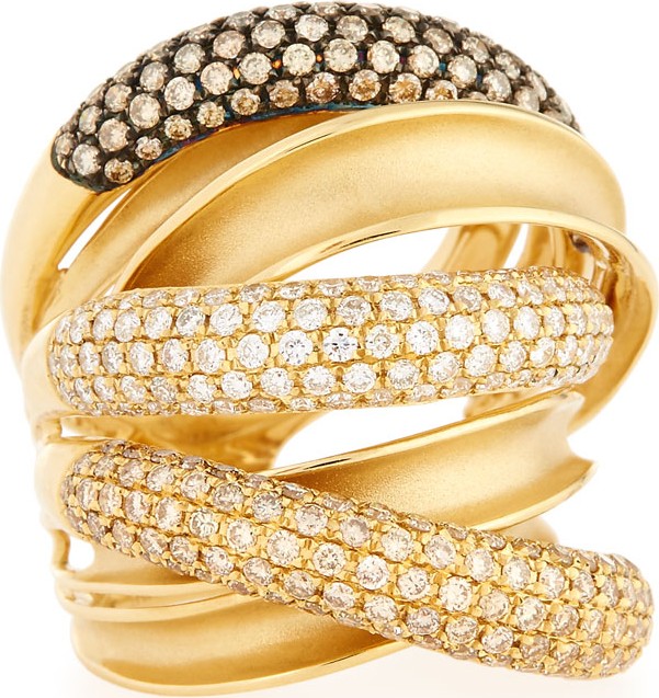 Bessa 18K Yellow Gold Multi-Row Ring with Champagne and White Diamonds