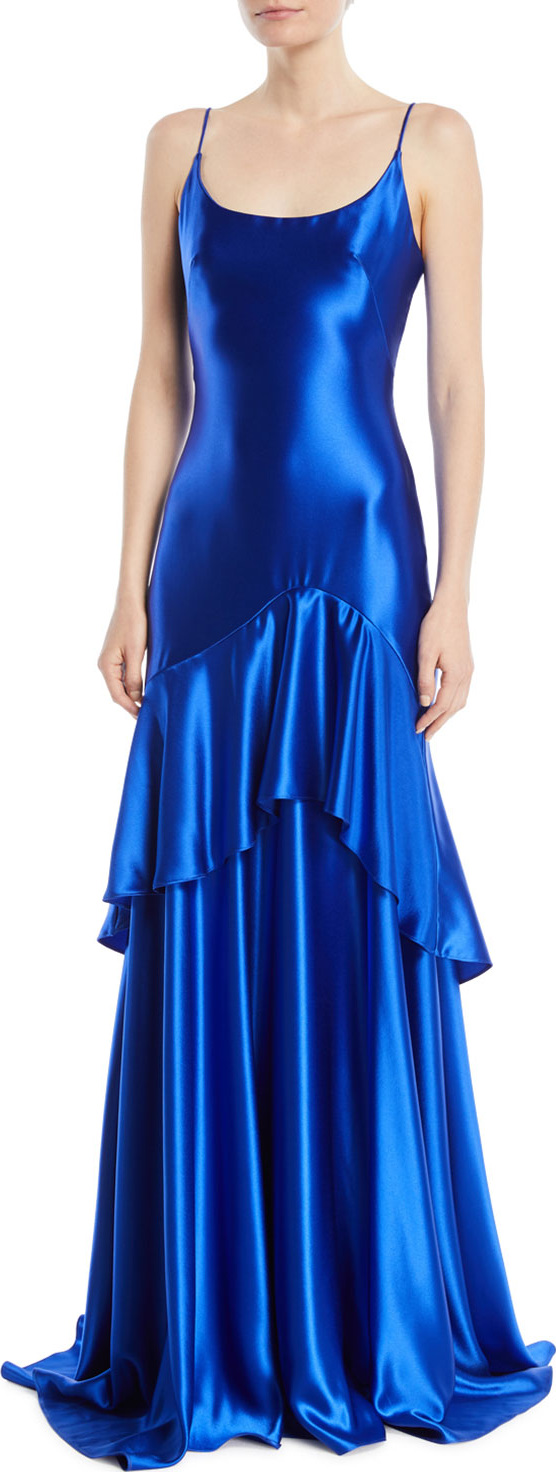 Theia Satin Slip Gown w/ Flounce Skirt