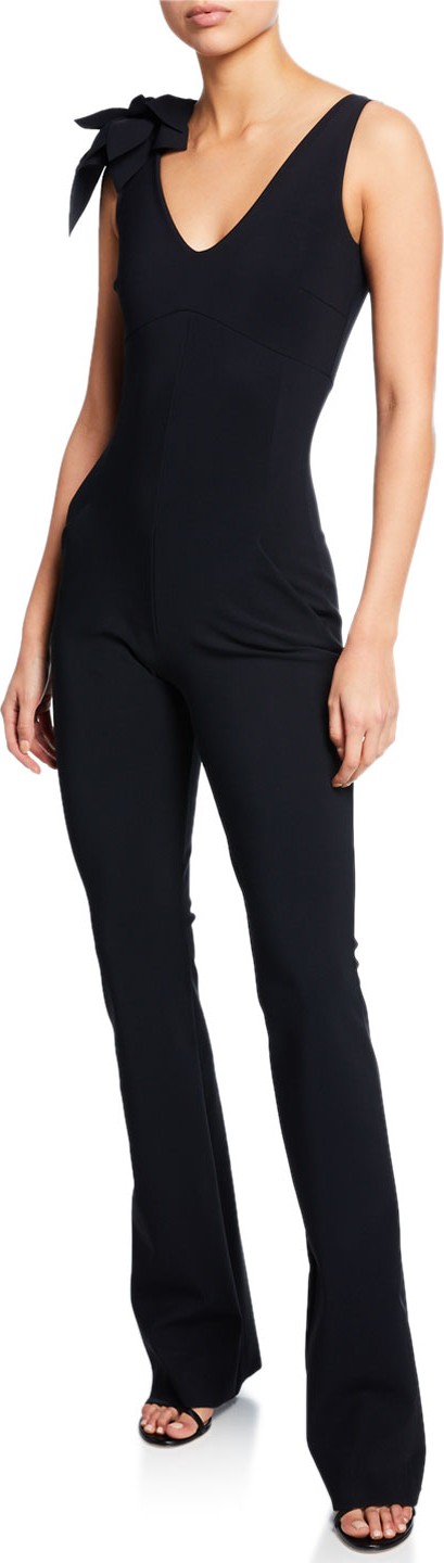 La Petite Robe di Chiara Boni Suni V-Neck Sleeveless Straight-Leg Jumpsuit w/ 3D Flower Shoulder