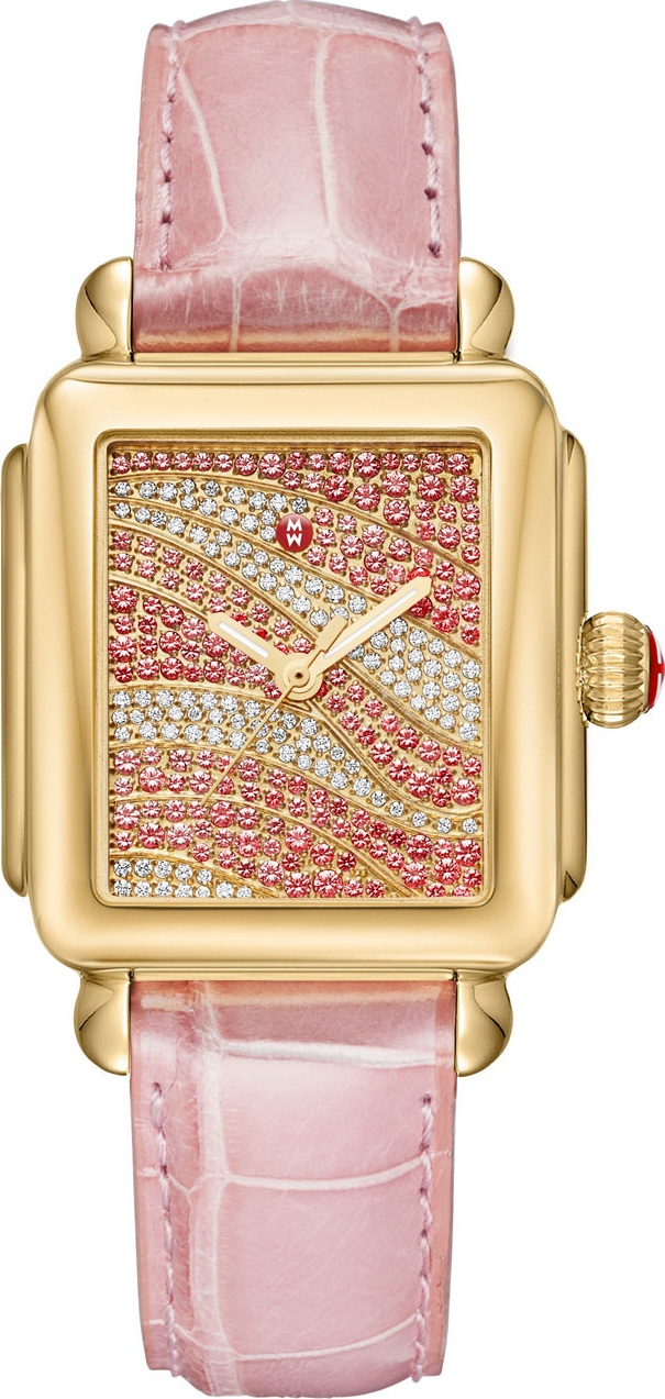 MICHELE Deco 18 Sapphire & Diamond Watch with Pink Alligator Strap
