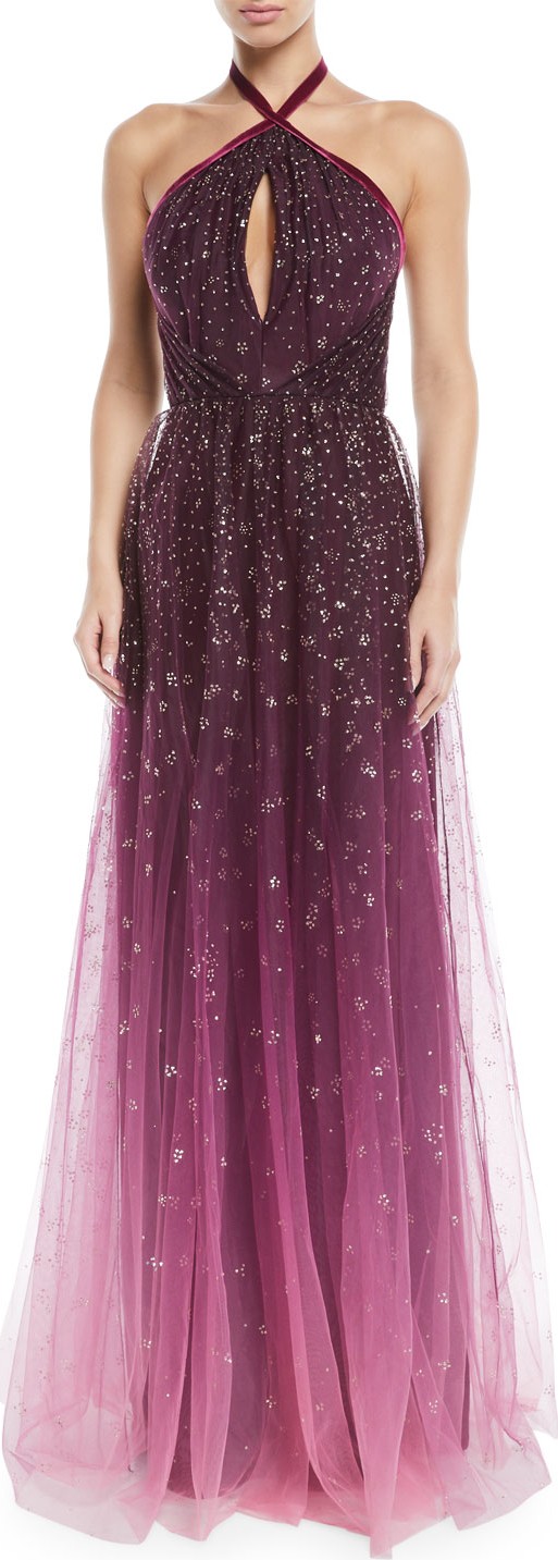 Marchesa Notte Ombre Glitter Tulle Halter Gown