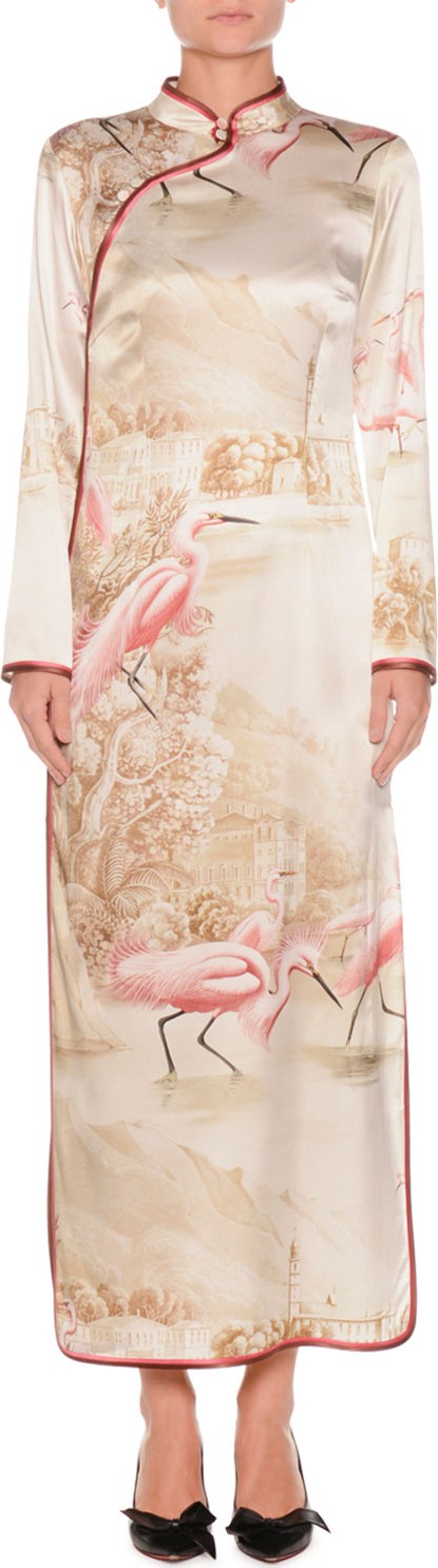 F.R.S For Restless Sleepers Flamingos on Lake Long-Sleeve Side-Split Silk Kimono Gown