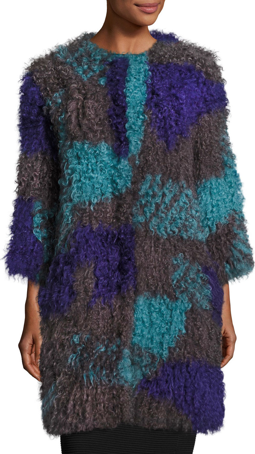 Armani Collezioni Colorblock Mongolian Lamb Fur Caban Coat, Multicolor