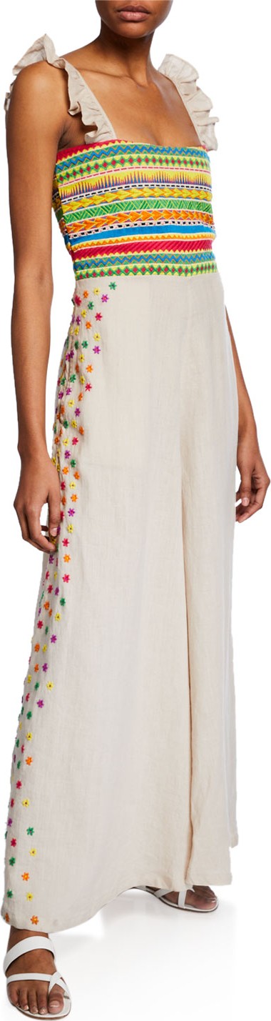 All Things Mochi Elena Embroidered Linen Wide-Leg Jumpsuit