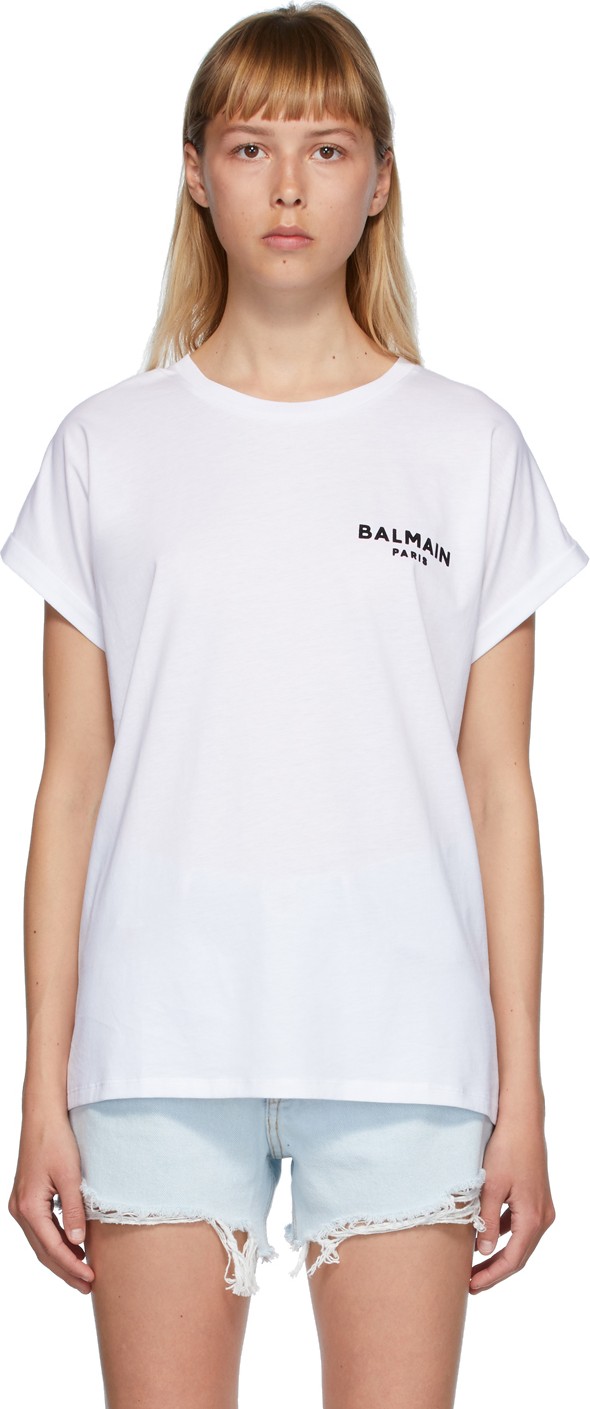 Balmain White Flocked Logo T-Shirt