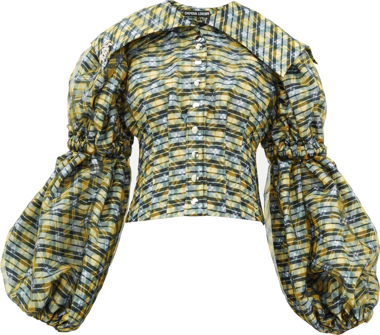Chopova Lowena Balloon-sleeve tartan-print organza top