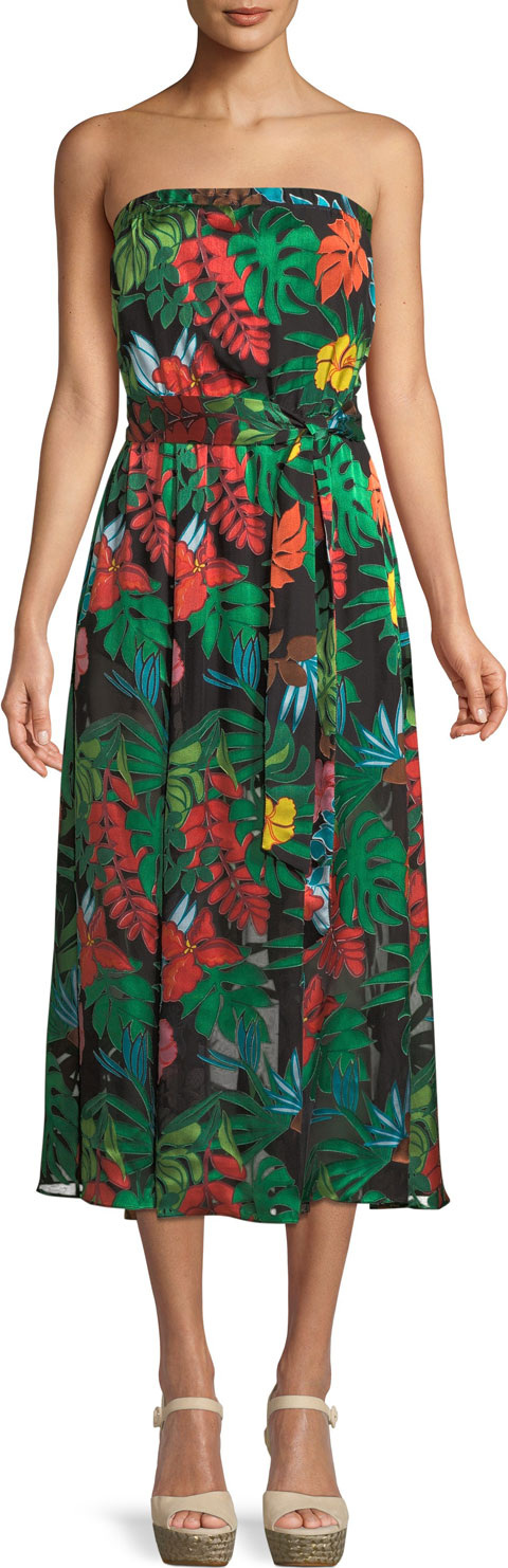 Alice + Olivia Mazie Tropical-Print Strapless Tea-Length Dress