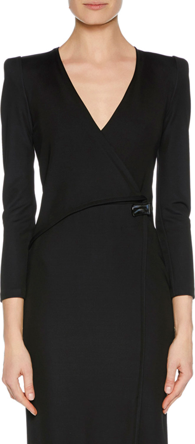 Giorgio Armani V-Neck Faux-Wrap Jersey Dress w/ Strong Shoulders
