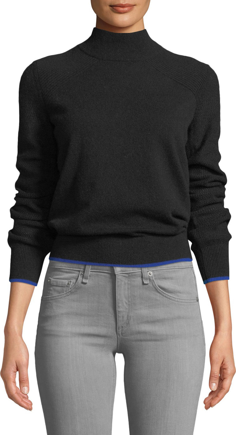 Rag & Bone Yorke Turtleneck Mesh-Stitch Sleeves Cashmere Sweater