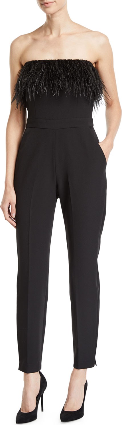 Saylor Straight-Leg Strapless Jumpsuit with Feather Trim