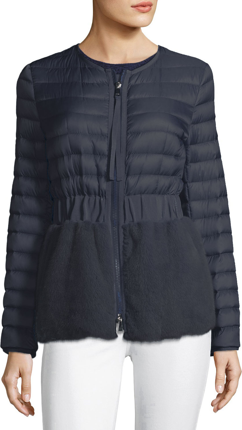 Moncler Hellolite Zip-Front Quilted Puffer Coat with Mink Fur
