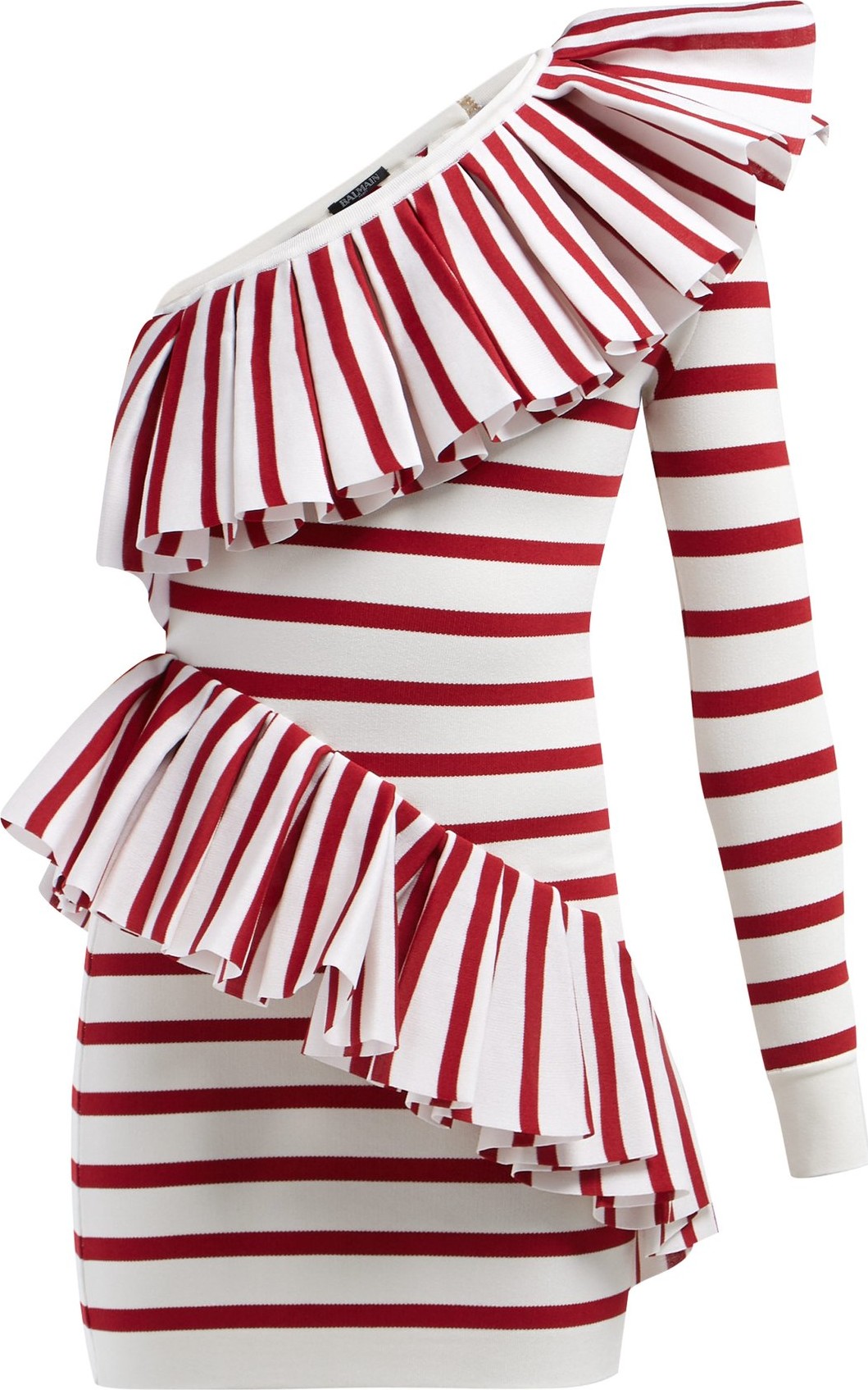 Balmain Asymmetric ruffle-trimmed striped mini dress