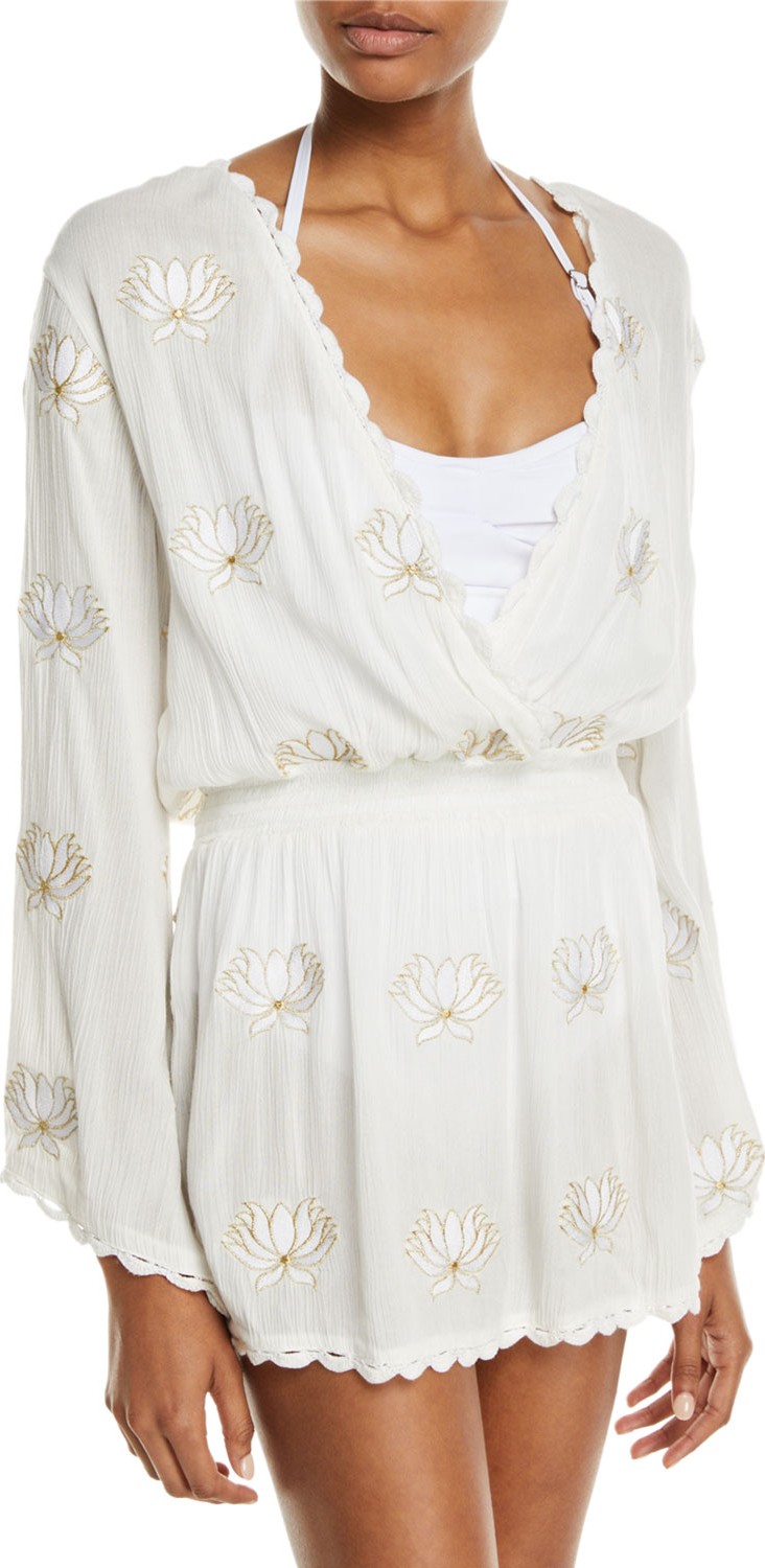 Letarte Embroidered Floral Long-Sleeve Coverup Tunic