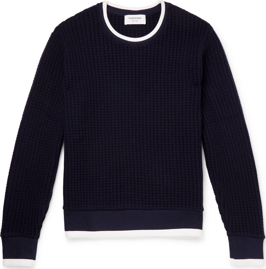 Thom Browne Contrast-Tipped Waffle-Knit Wool Sweater