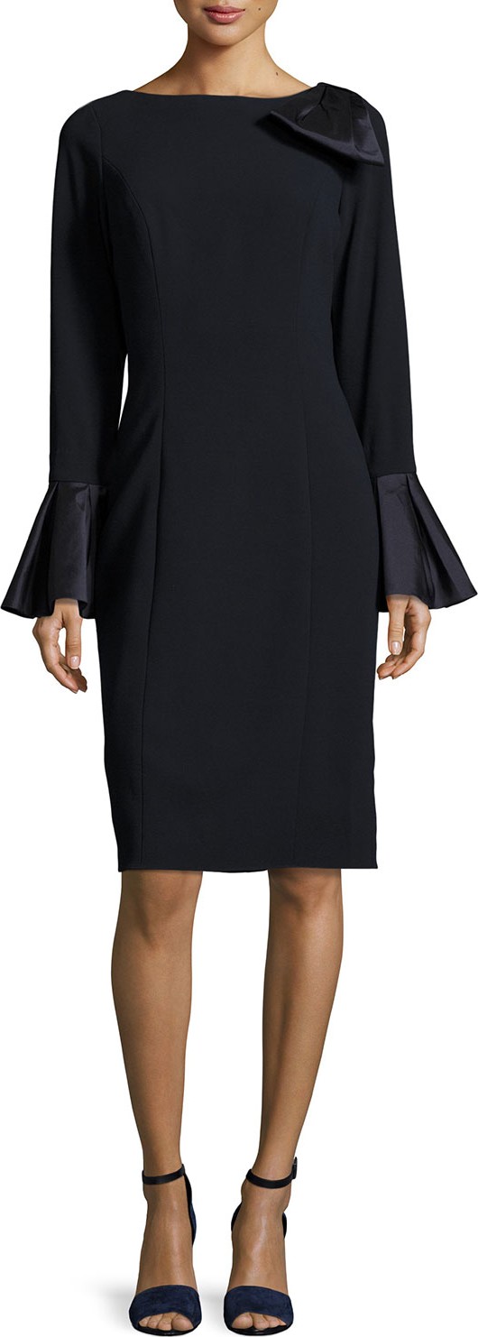 Rickie Freeman for Teri Jon Bell-Sleeve Crepe Sheath Dress  Navy