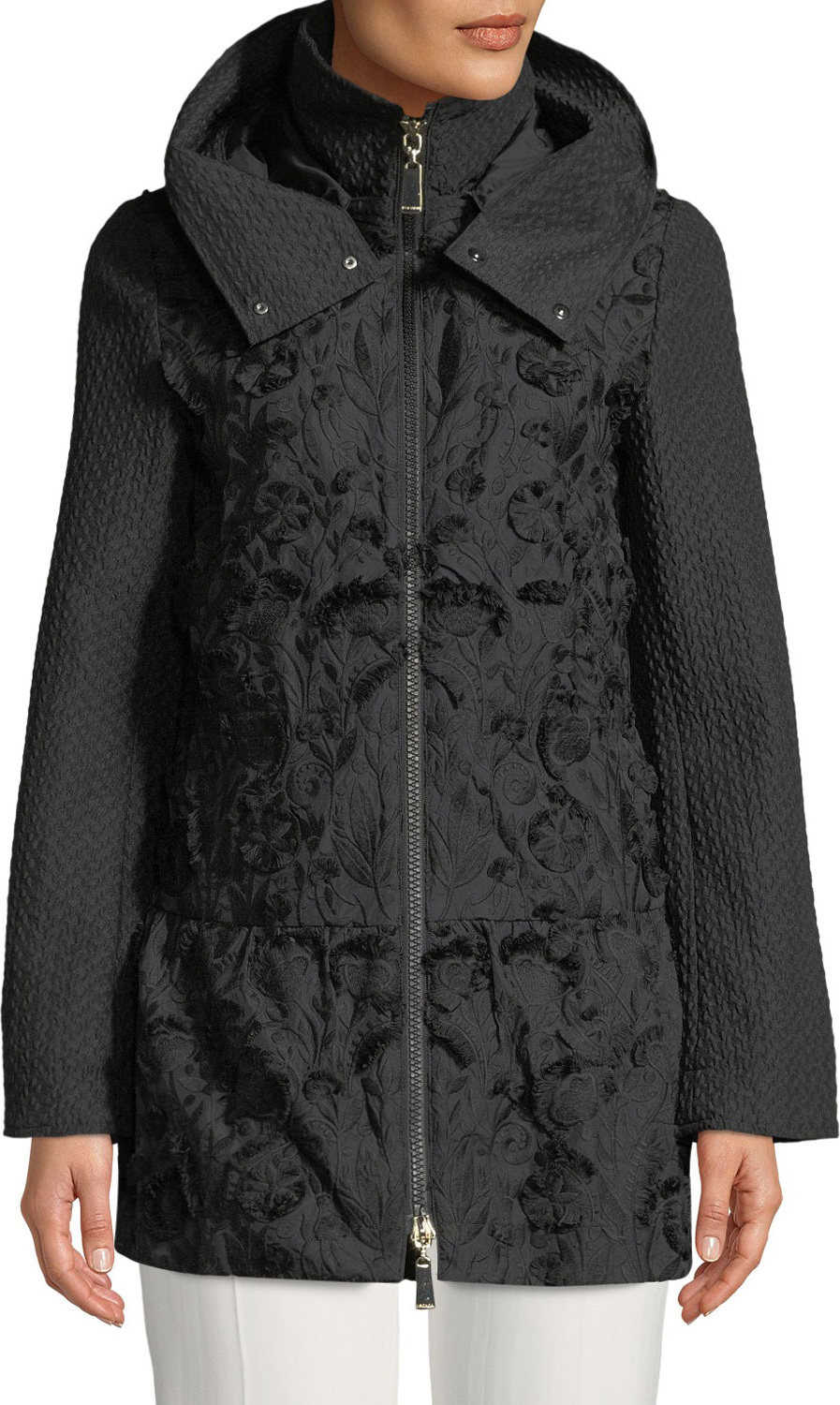 Escada Fringe Embroidered Hooded Mixed-Media Anorak Jacket