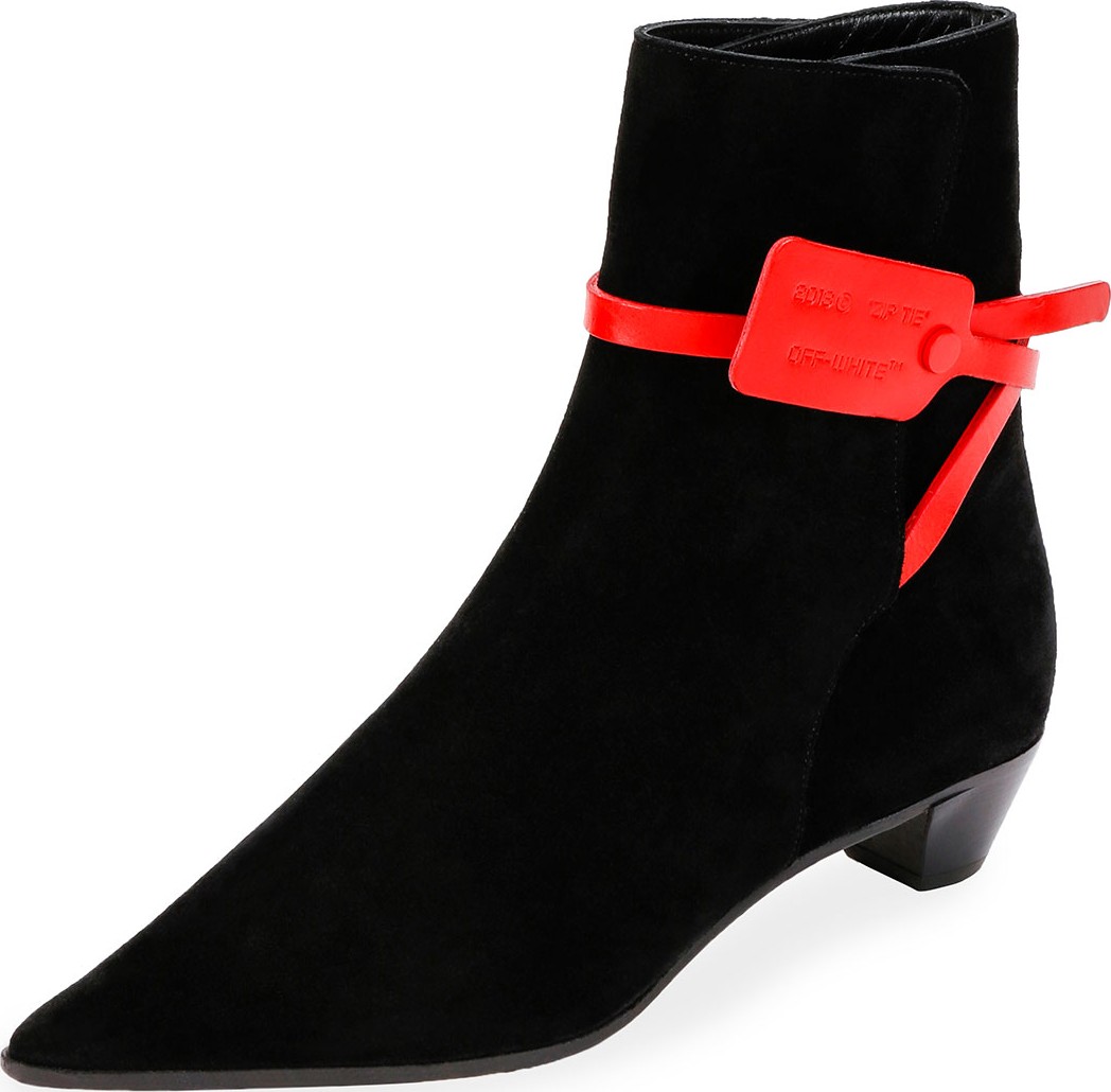 Off White Zip-Tie Jodphur Suede Pointed Booties