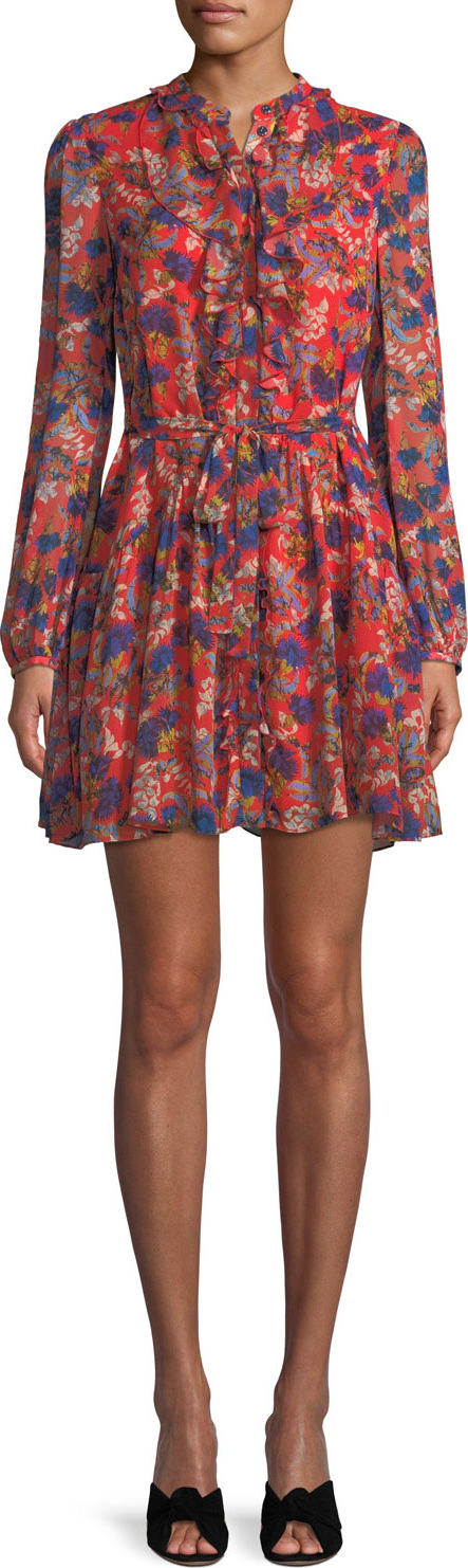 Saloni Tilly Long-Sleeve Floral Silk Mini Dress