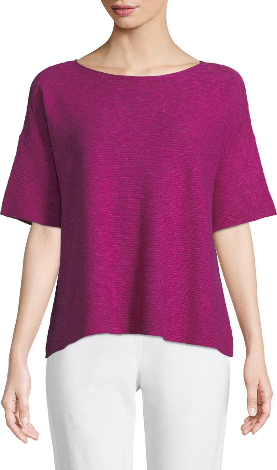 Eileen Fisher Cotton-Linen Slub Half-Sleeve Box Top