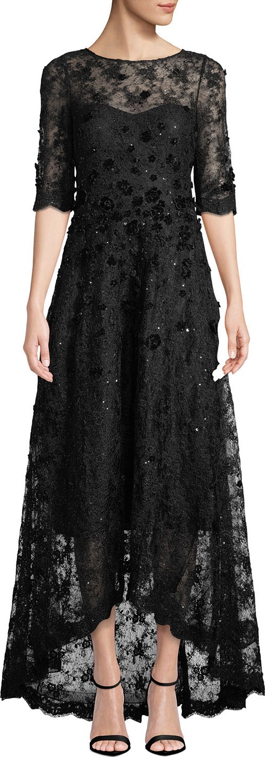Rickie Freeman for Teri Jon Half-Sleeve 3D-Floral Lace High-Low Dress