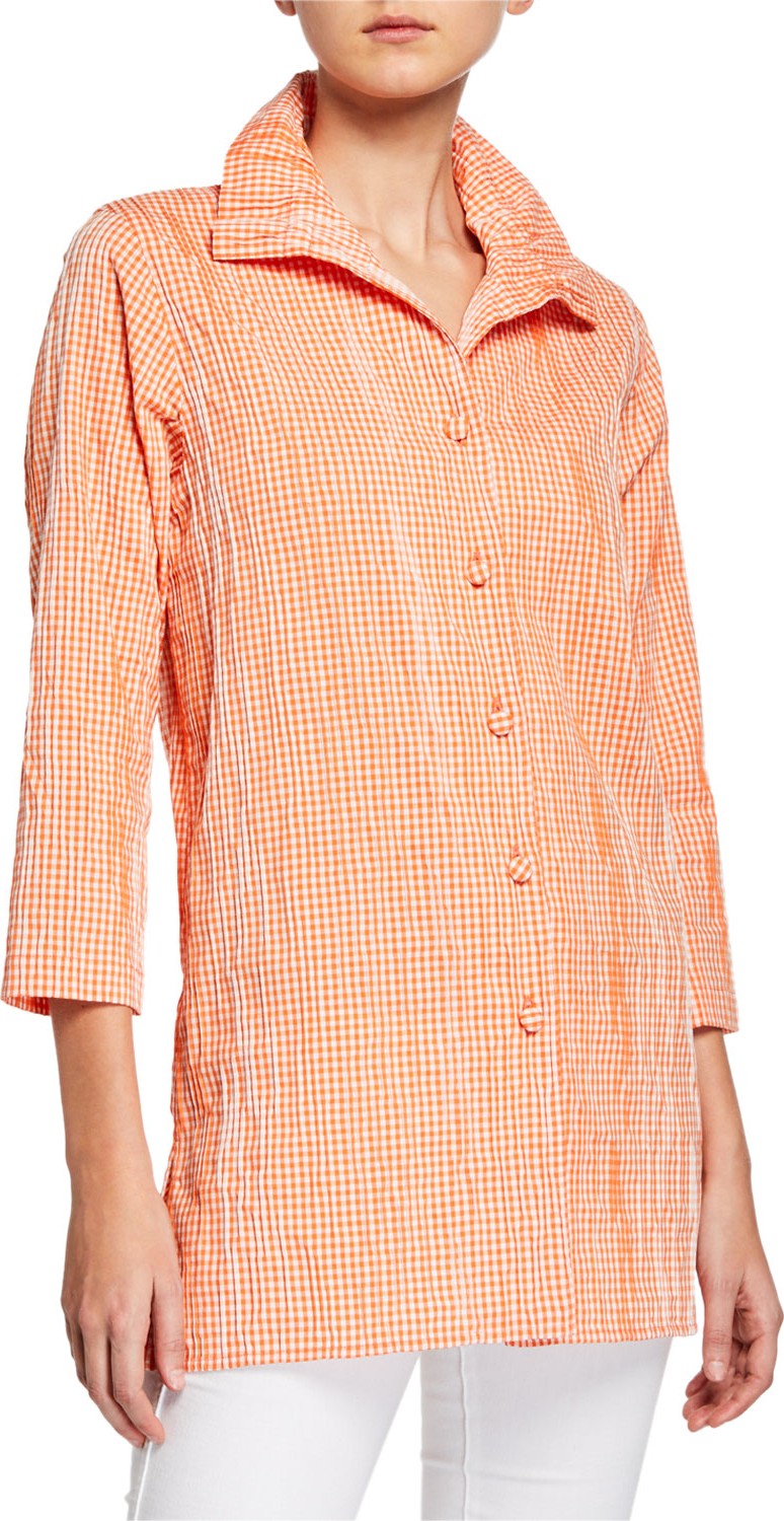 Caroline Rose Button-Front Crinkled Gingham Shirt with Ruched Collar