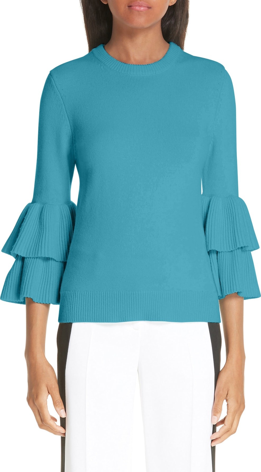 Michael Kors Tiered Ruffle Sleeve Ribbed Sweater