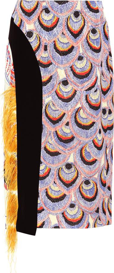 Dries Van Noten Feather-trimmed brocade skirt