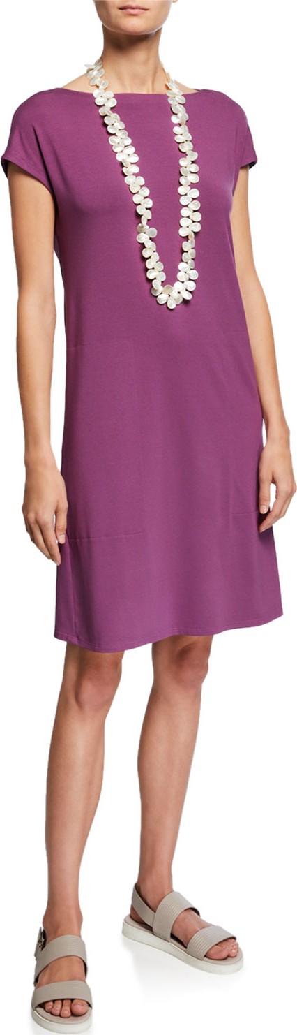 Eileen Fisher Bateau-Neck Cap-Sleeve Jersey Dress w/ Twist Detail