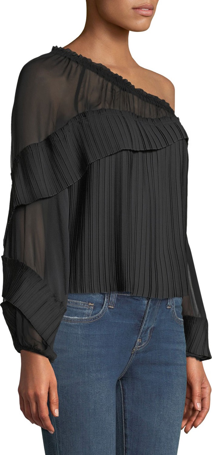 Ramy Brook Aurora One-Shoulder Pleated Long-Sleeve Top