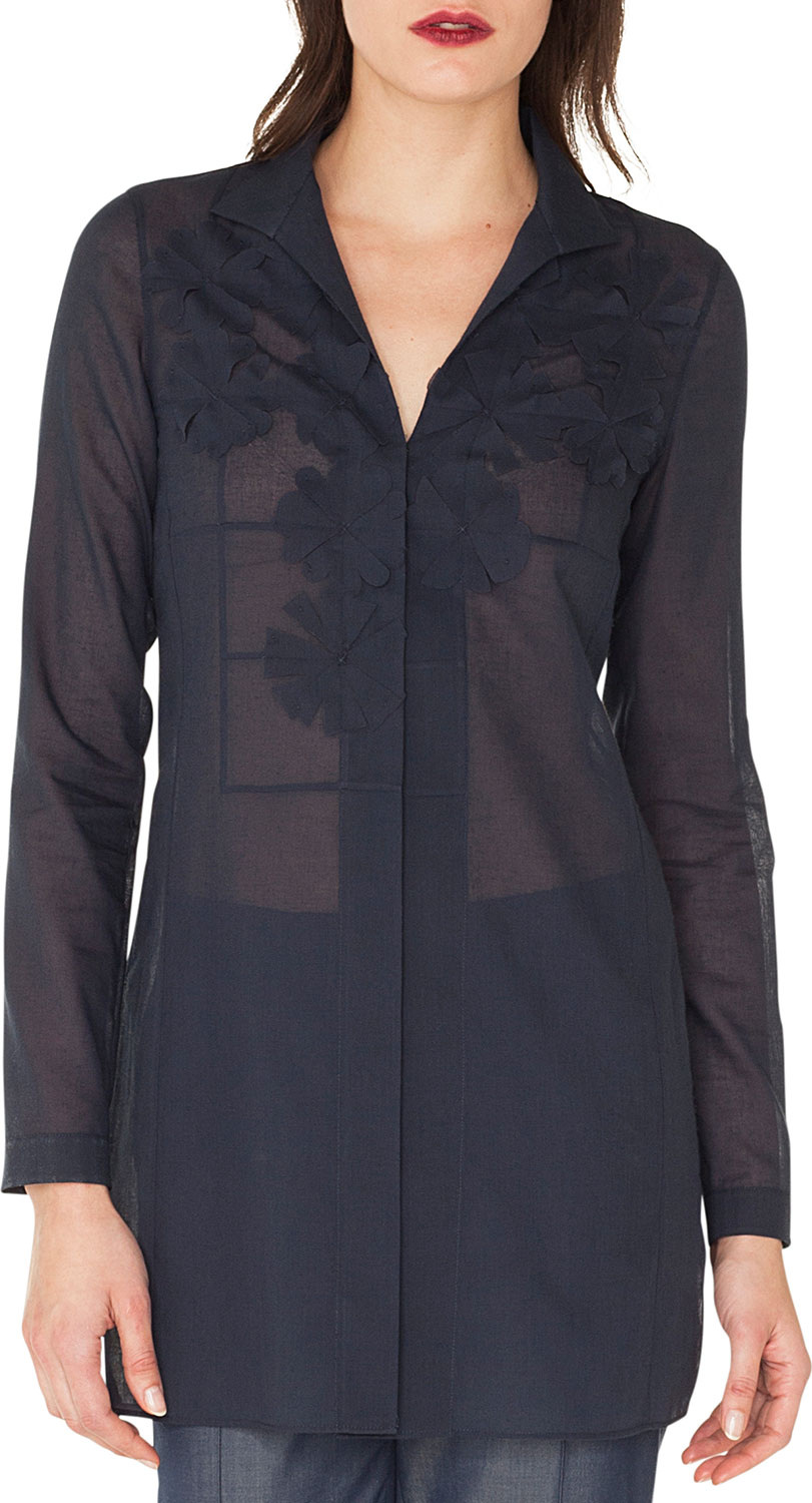 Akris Long-Sleeve Button-Down Floral-Embroidered Tunic Blouse