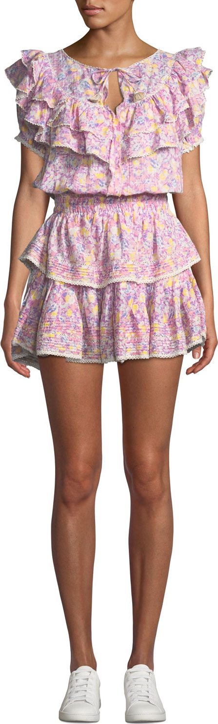 LOVESHACKFANCY Liv Tiered Ruffle Floral Cotton Coverup Dress
