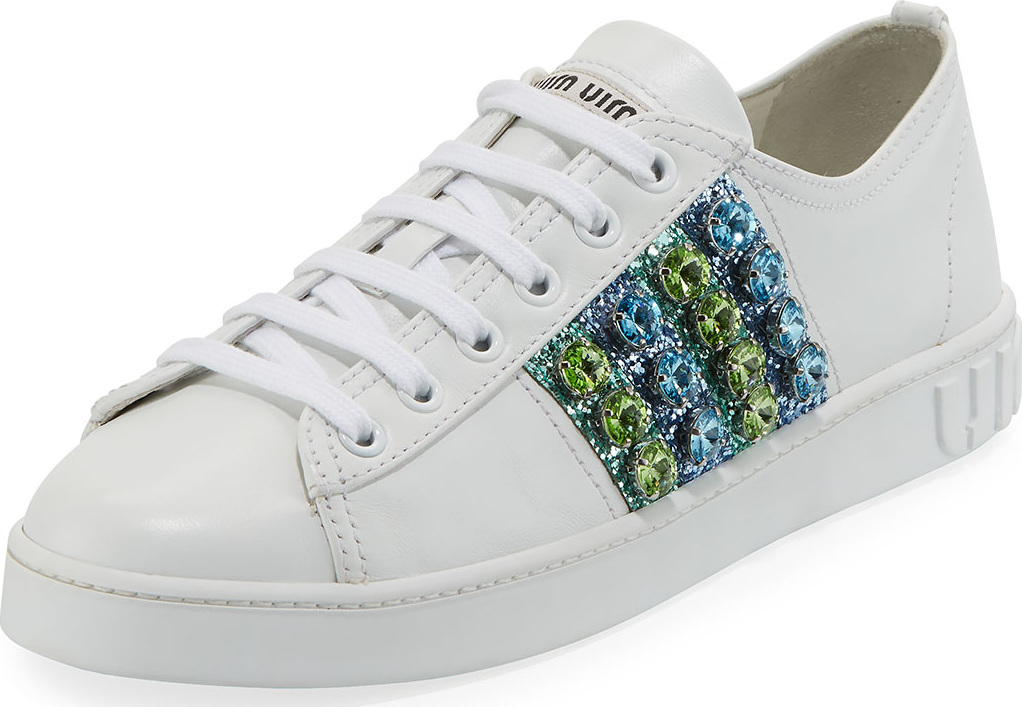 Miu Miu Jeweled Leather Platform Low-Top Sneaker