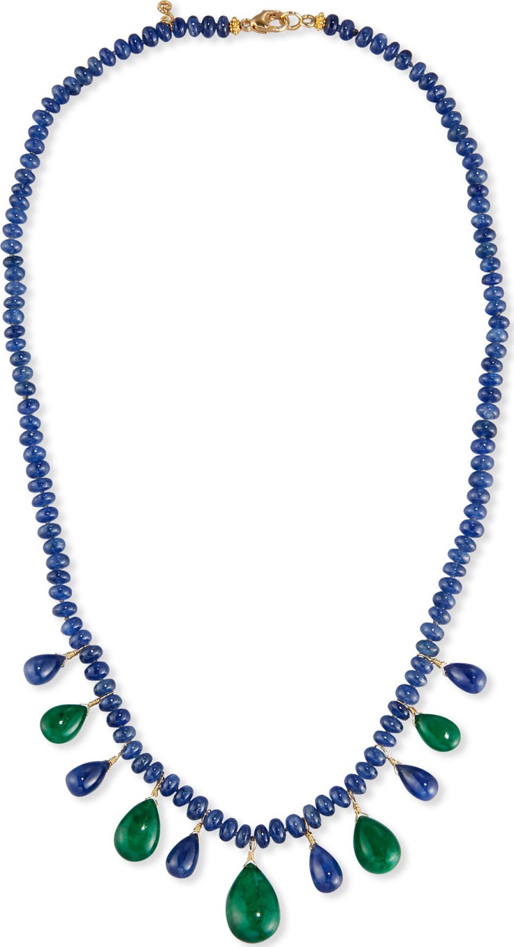 Splendid Blue Sapphire Rondelle & Emerald Briolette Necklace