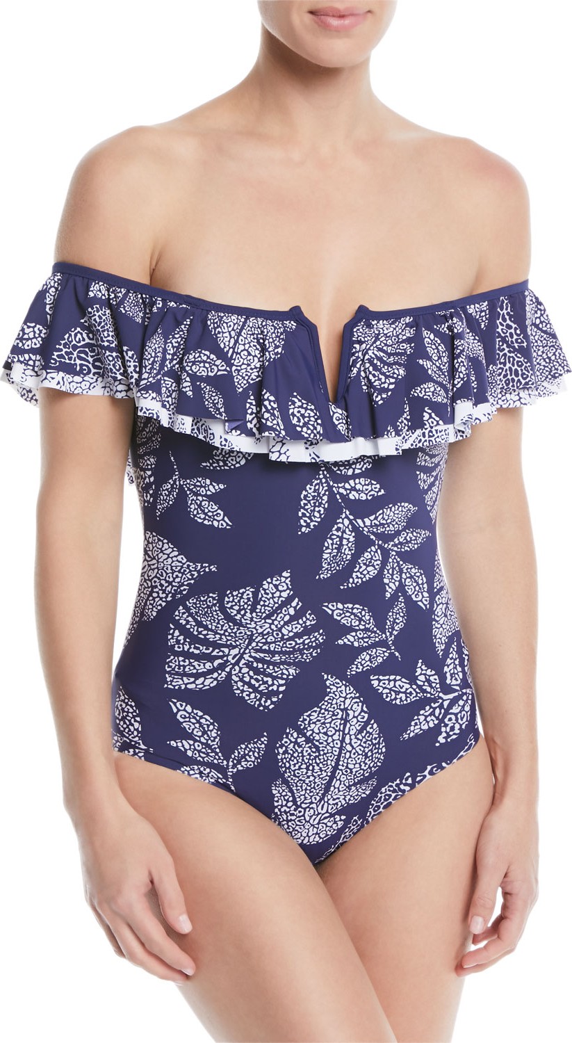 Red Carter Amazon Jungle Off-the-Shoulder One-Piece Swimsuit
