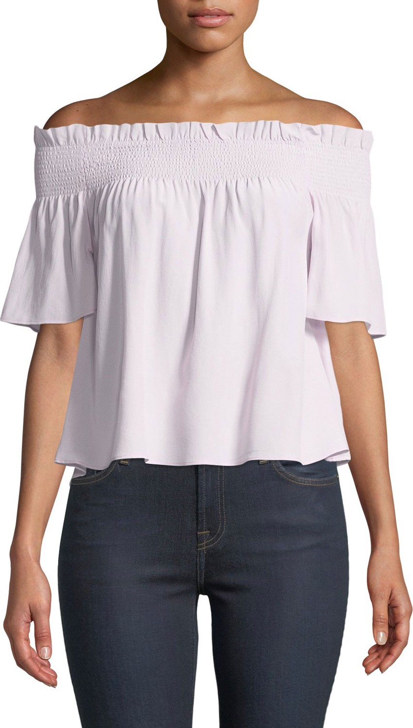 7 For All Mankind Off-Shoulder Smocked Silk Blouse