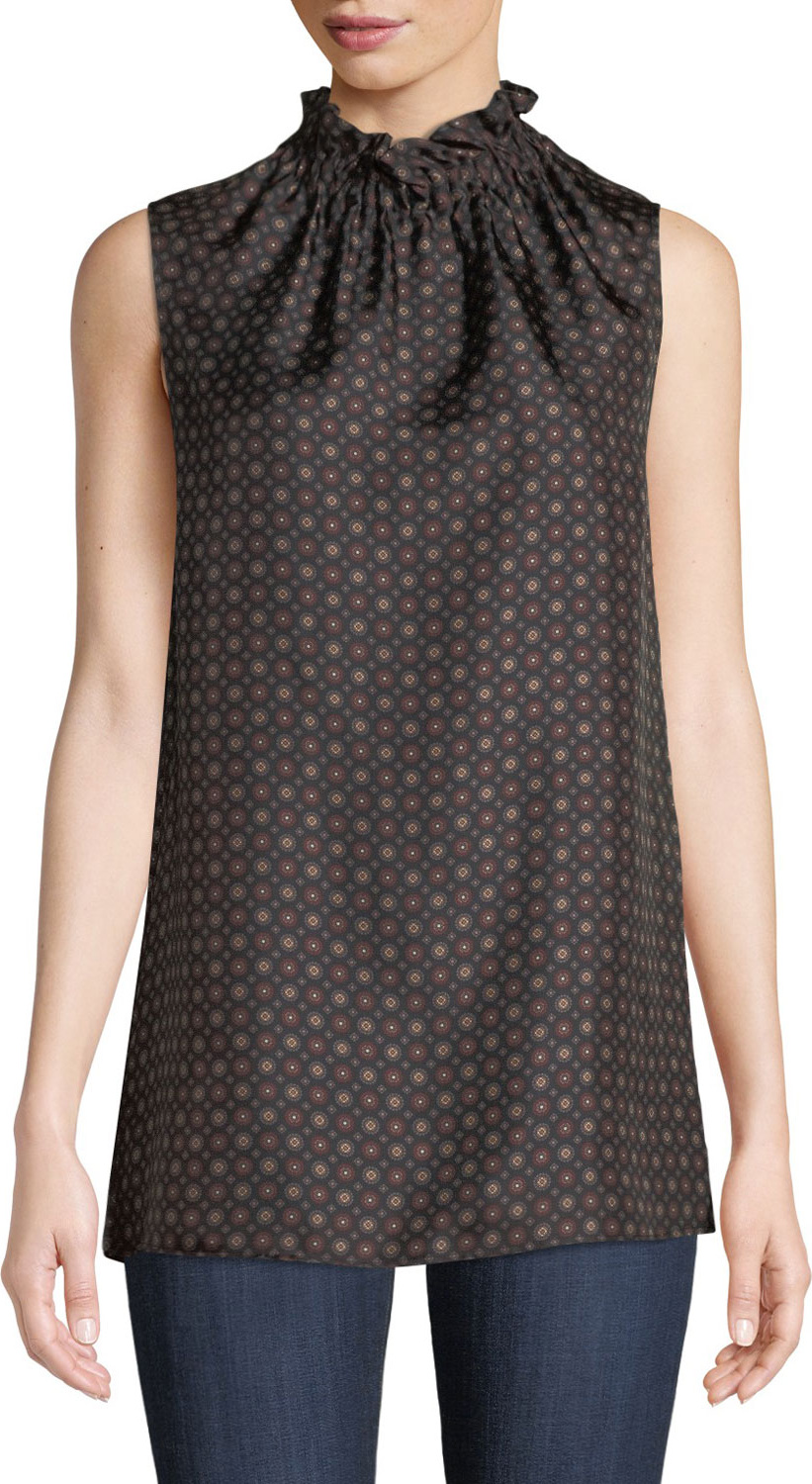 Lafayette 148 New York Percy Ruffled-Neck Sleeveless Foulard Silk Blouse