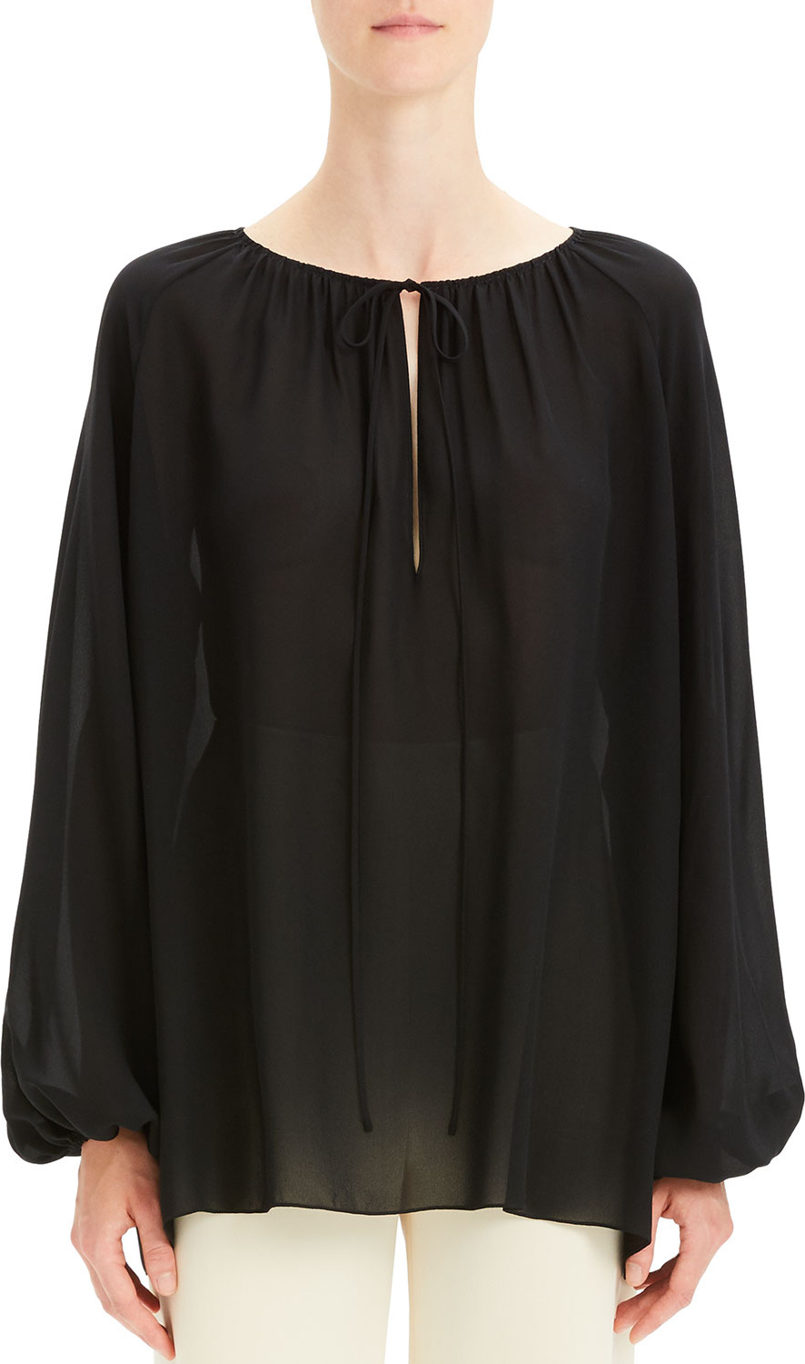 Theory Gathered Silk Long-Sleeve Keyhole Top