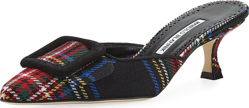 Manolo Blahnik Maysalebi Tartan Buckle Mules