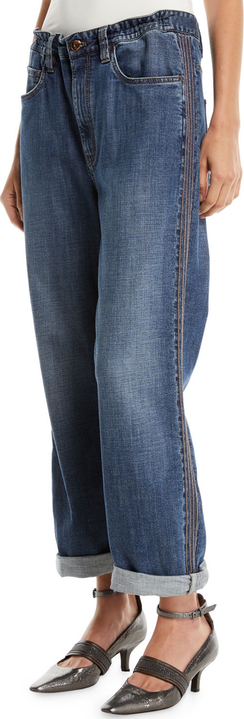 Brunello Cucinelli Boyfriend-Fit Drawstring Jeans with Monili Stripes