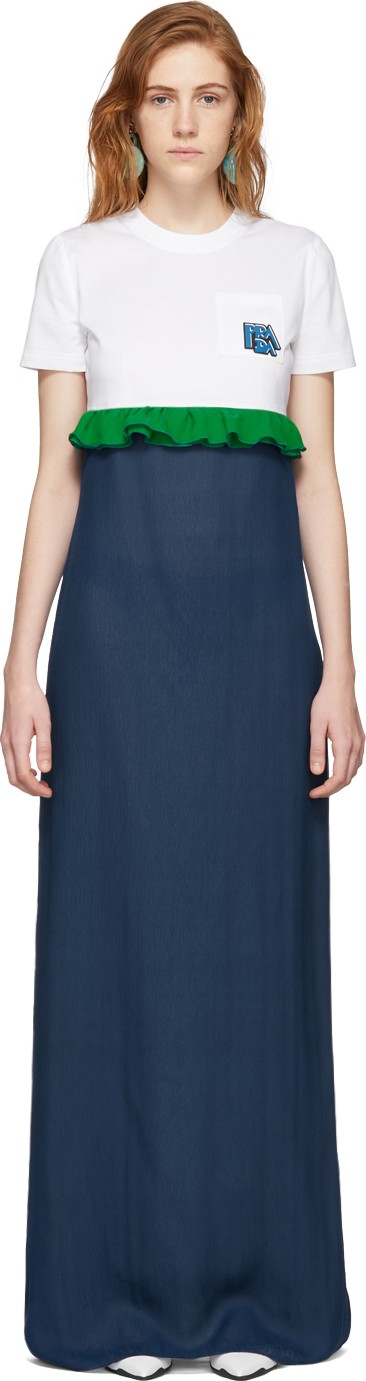 Prada White & Blue Chiffon Long T-Shirt Dress