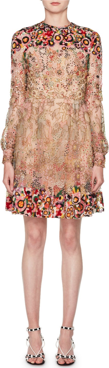 Valentino Long-Sleeve Heavily Beaded Embroidered Tulle Illusion Dress