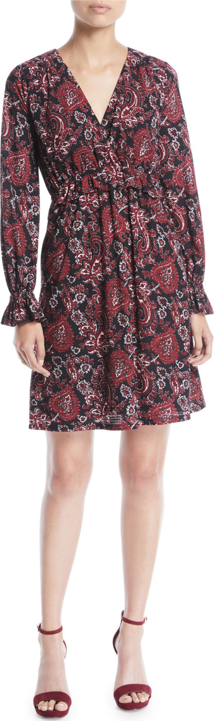 MICHAEL MICHAEL KORS Short V-Neck Long-Sleeve Shirring Paisley-Print Dress MICHAEL MICHAEL KORS Short V-Neck Long-Sleeve Shirring Paisley-Print Dress